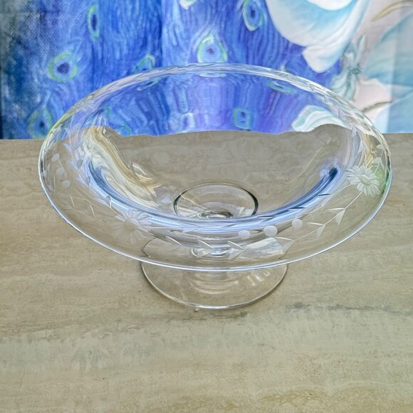 Vintage Etched Glass Pedestal Compote Bowl With Floral Design Clear Glass 6" Wid - Picture 3 of 9